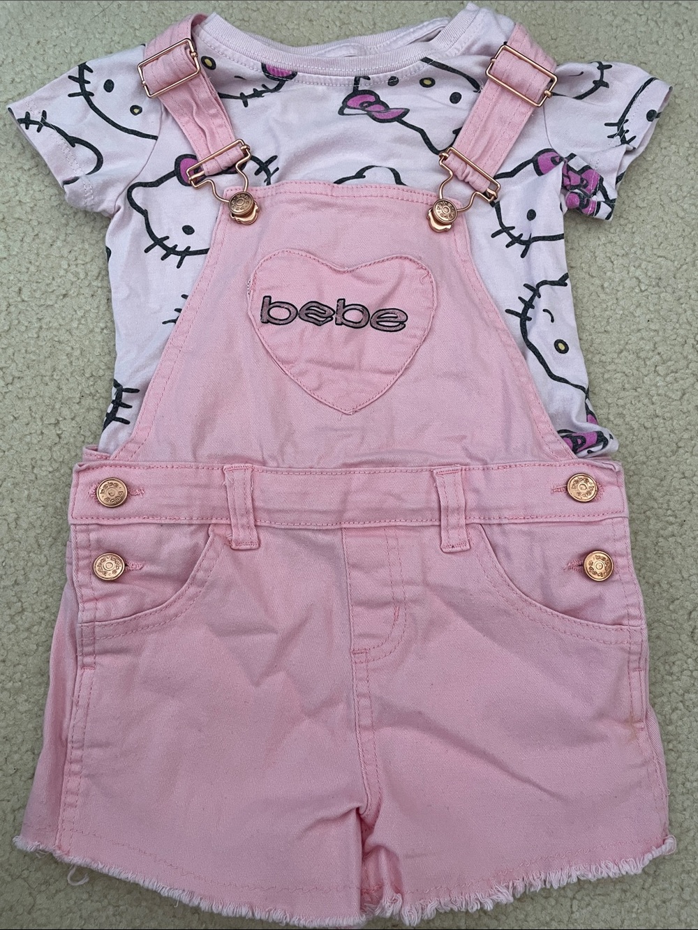 bebe Light Pink Girls' Denim Short Overalls with Heart Logo and Hello Kitty tee